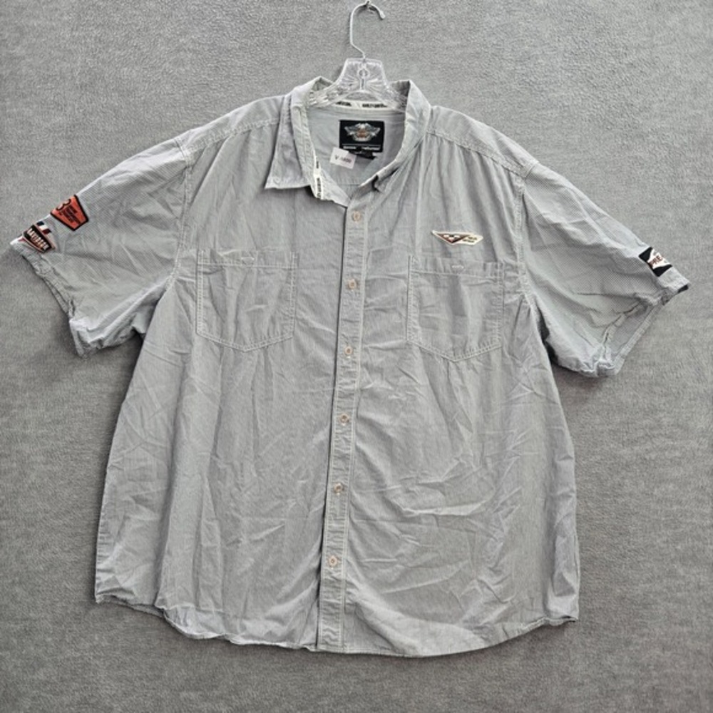 Harley Davidson Men Button Up Shirt 3XL Gray‎ Stripe Racing Short Sleeve Collar